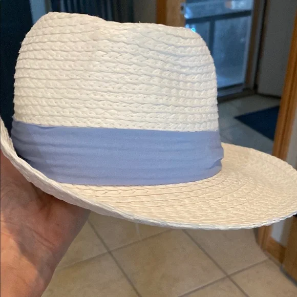 NWOT White Straw Hat with Blue Band - Picture 3 of 4